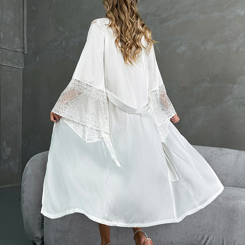 Mufi luxury lace flared sleeve satin bathrobe long tie V-neck European and American women's sexy pajama morning gown 780 Specification image