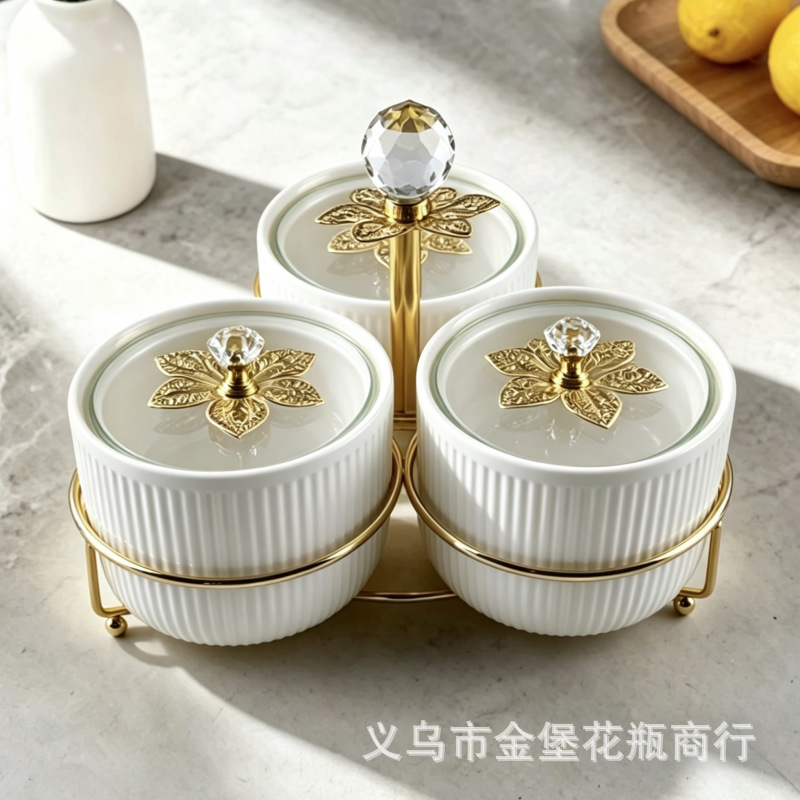 Black, white and green multi-color ceramic dried fruit compartments box, crystal top knob, golden floral decoration coffee table, snack storage, fruit plate Item Picture