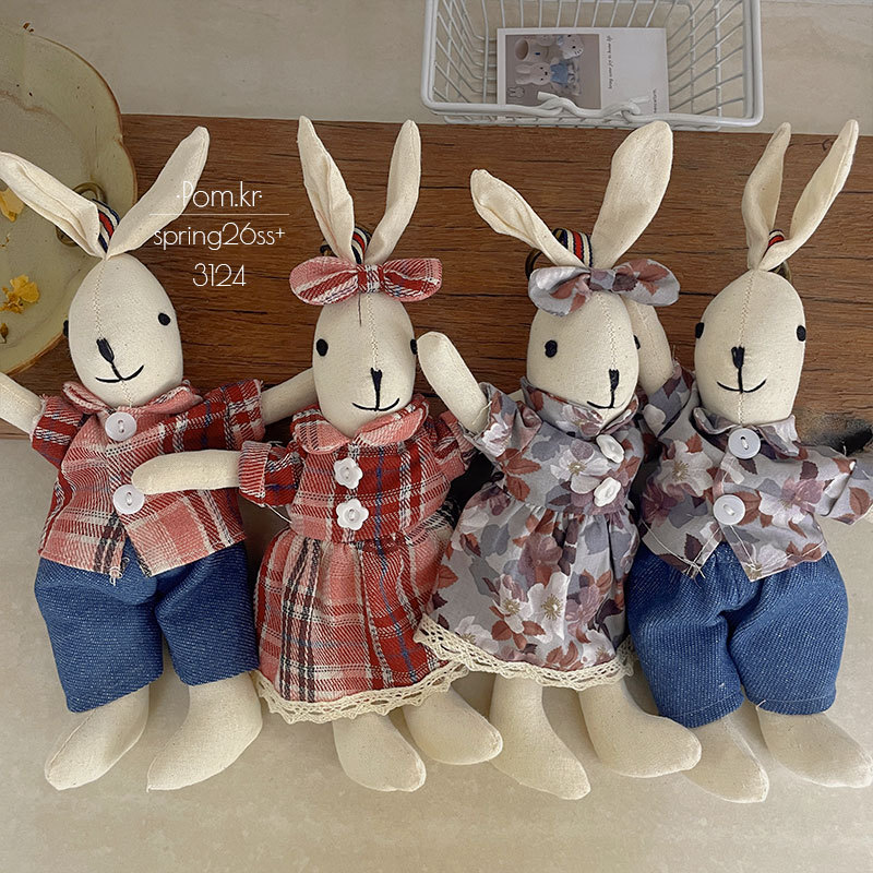 New Korean-style fabric checkered dress rabbit pendant, retro and fashionable baby doll pendant, baby birthday gift for girls details Picture