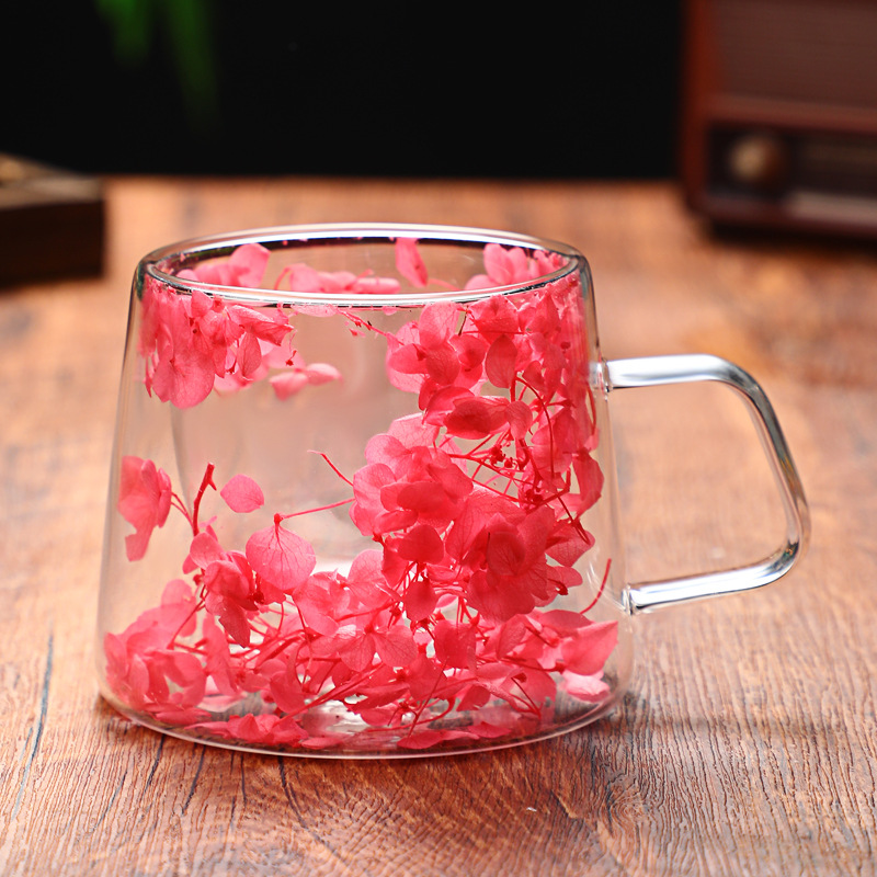 Cross-border new product, popular petal flower-shaped cup, high appearance level, dried flower real flower double-layer creative high borosilicate coffee glass cup Specification image