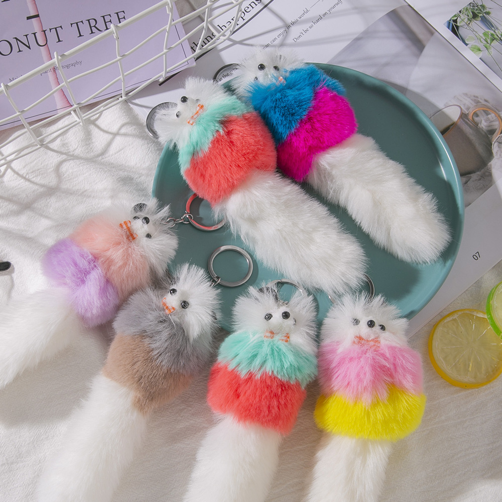 ins热销卡通可爱狐狸尾巴钥匙扣毛绒公仔 仿兔毛撞色包包挂件挂饰