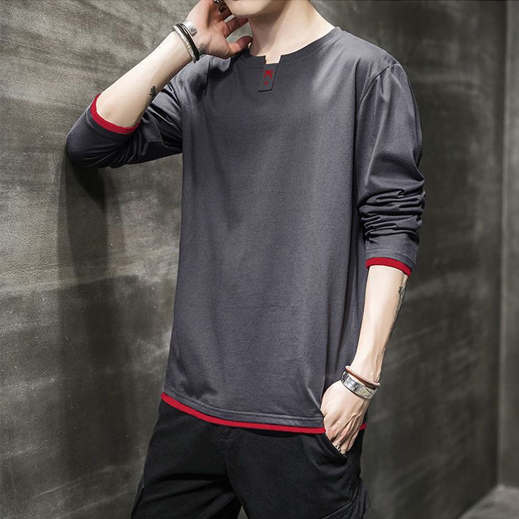 Spring and Autumn Men's long-sleeved T-shirt, a trendy base layer, two loose and casual large-sized tops, autumn hoodies details Picture