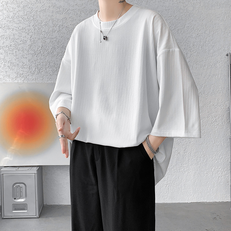 Ice Silk short-sleeved T-shirt men's drape top for summer 2024 new trendy large-sized solid color 7.5-and-a-half-sleeved T-shirt Specification image