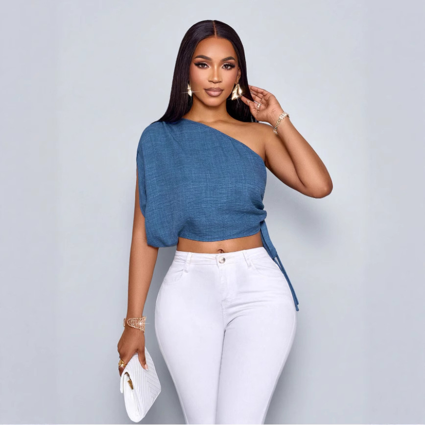 Amazon Spring/Summer Women's casual top for commuting, made of blue textured fabric, single-shoulder folding, adjustable drawstring for hot girls details Picture