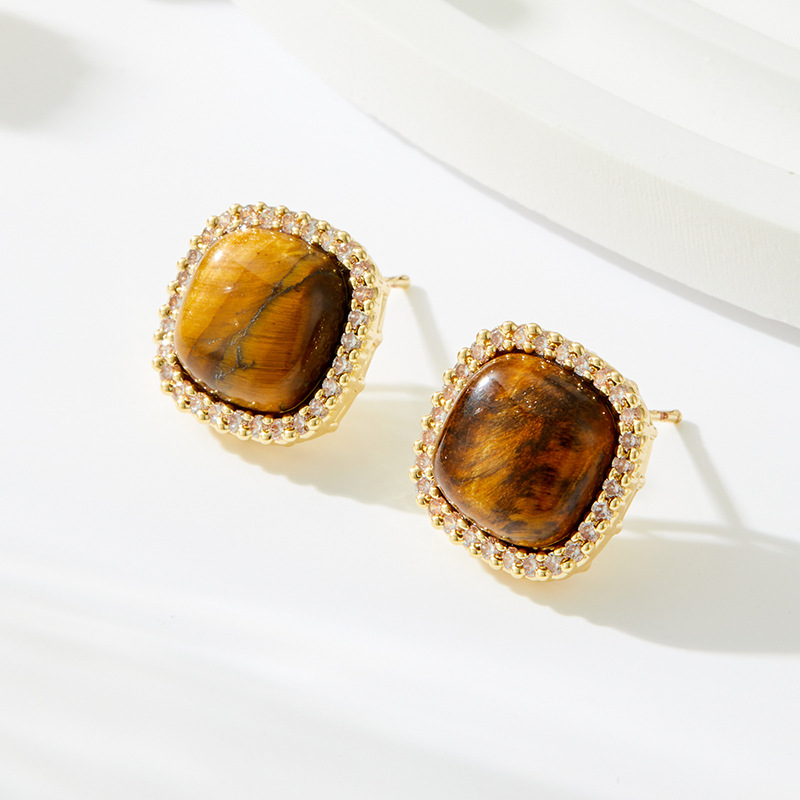 Retro square tiger's eye ear studs, copper alloy, real gold electroplated, slightly inlaid zircon s925 silver needle, light luxury and versatile earrings details Picture