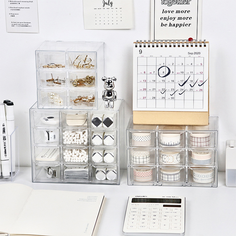 Transparent nine-grid and six-grid dust-proof drawer-style storage box, stationery and jewelry, 12-grid cosmetics storage, for students details Picture