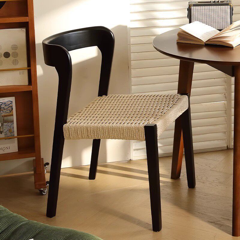 Nordic wabi-sabi style solid wood rope woven retro makeup chair, Japanese desk and chair, home small-sized apartment backrest, antique V-shaped chair, Star Factory details Picture