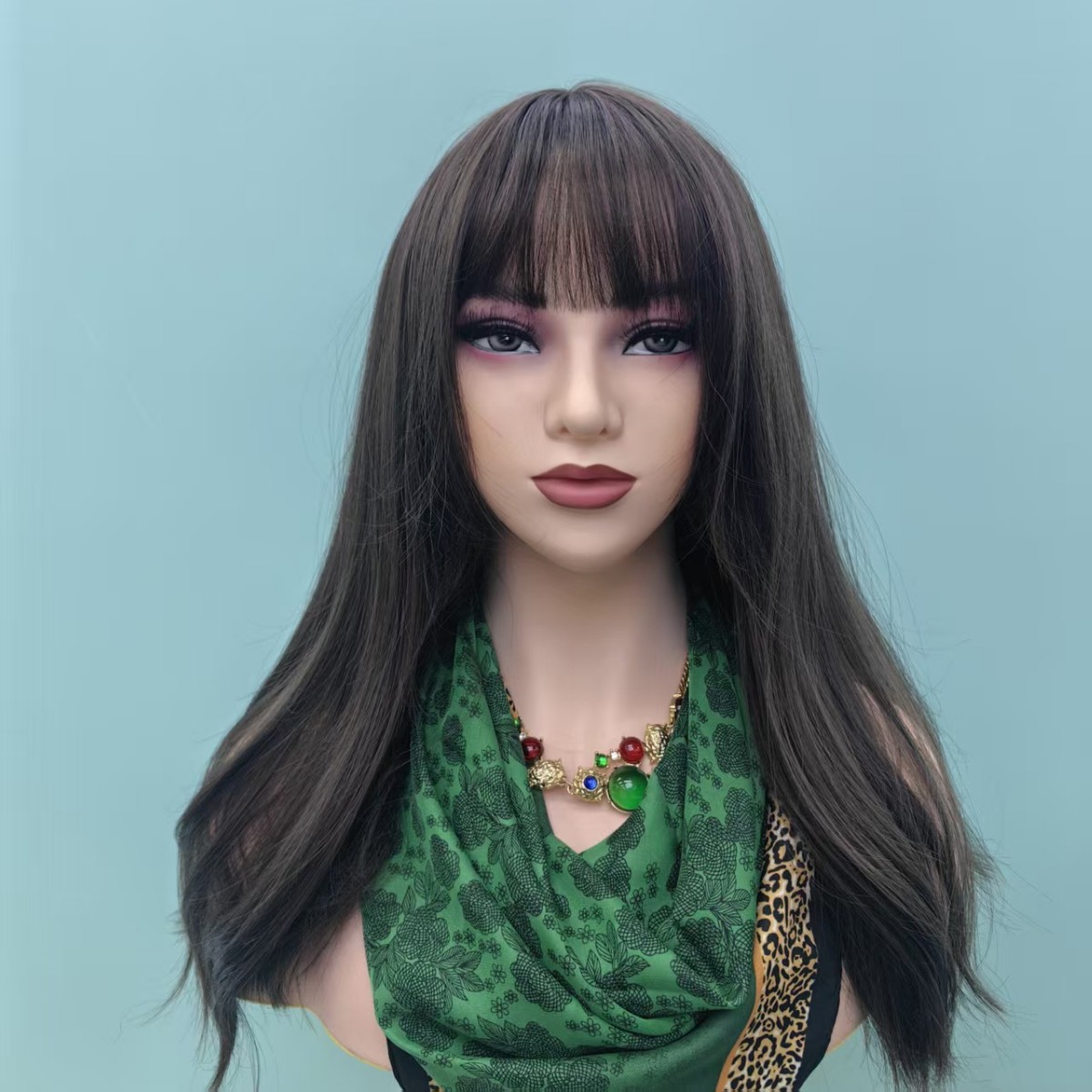 跨境假发女刘海波浪灰棕色全头发套预售工厂直销订单假发女中长欧美