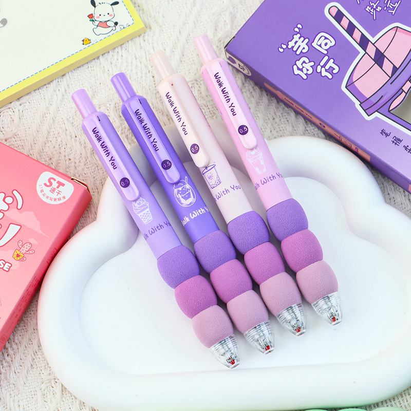 Gradient sponge soft grip gel pen, girlish heart spliced protective case press pen, high appearance level student practice pen, black pen details Picture