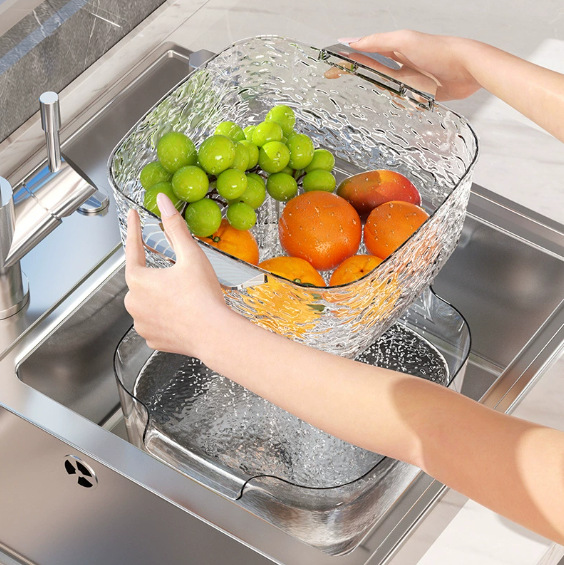 High appearance level transparent water ripple draining basket, kitchen food-grade vegetable washing basin, household multi-functional storage basket for fruits and vegetables Specification image