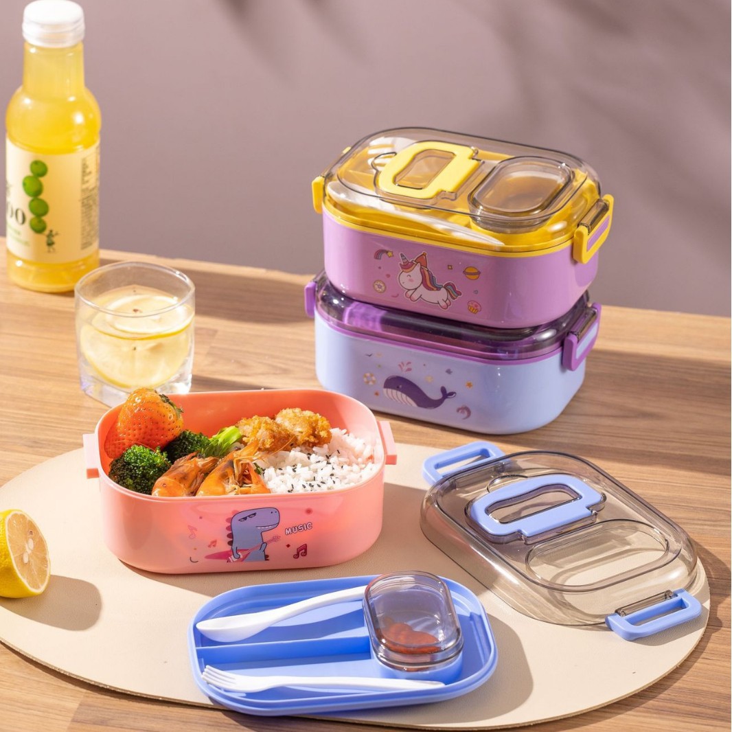 可爱卡通饭盒双层保温餐盒长方形便当盒 食品级学生餐具多格细节图