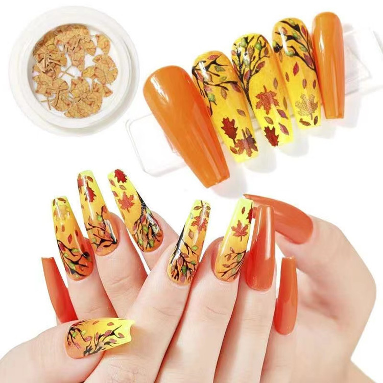 新款12色美甲木浆片树叶彩色枫叶立体手工美甲饰品现货盒装白底实物图