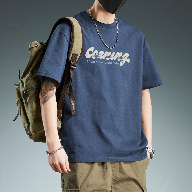 Pure cotton round-neck short-sleeved T-shirt, solid color, slim design sense, patchwork, niche, high-end, funny men's T-shirt, trendy brand print details Picture
