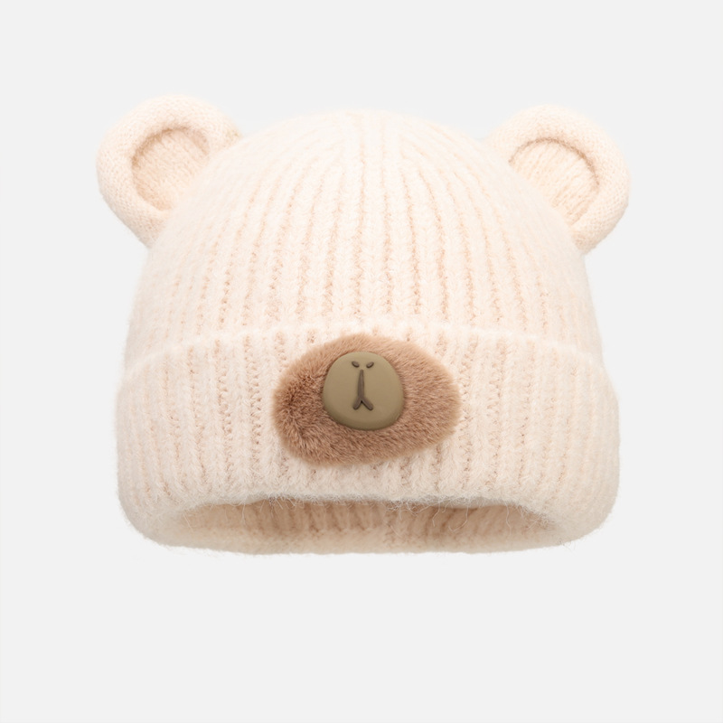 Korean-style cute bear knitted hat for students, versatile for autumn and winter, a small double-layer cold-proof, warm and ear-protecting knitted hat Item Picture