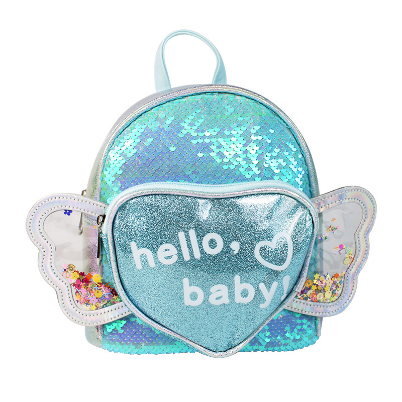 大尾猫新款时尚亮片儿童包甜美翅膀双肩包女童卡通时尚公主小书包白底实物图