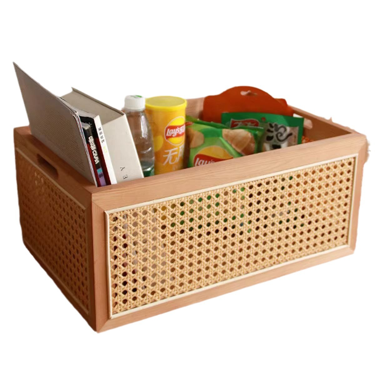 越南藤编收纳筐手工实木美式高档编织篮茶几杂物盒桌面收纳框篮子白底实物图