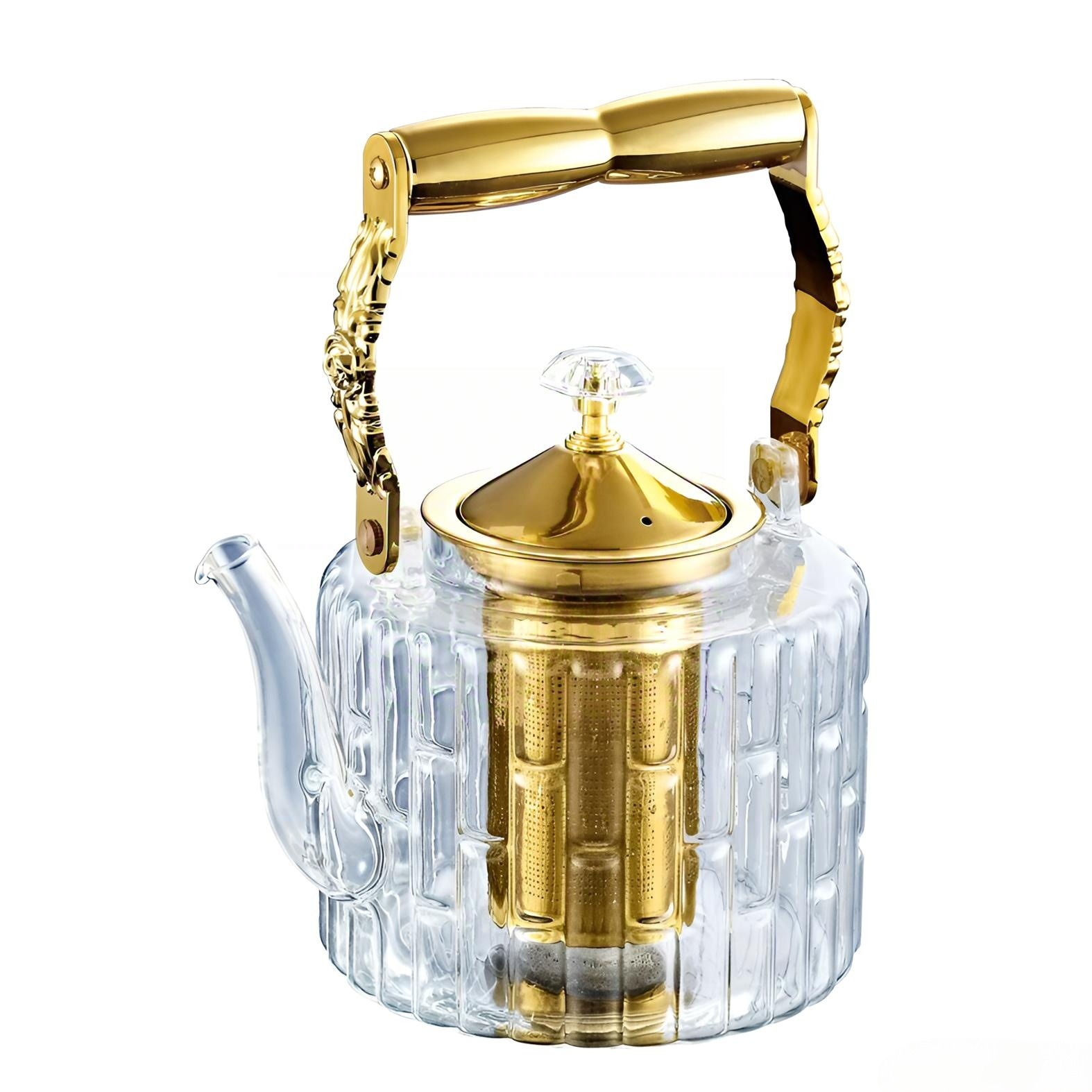 新款复古加厚水具提梁茶壶透明壶煮茶金色烧水壶高硼硅玻璃泡茶壶煮茶烧茶壶玻璃煮茶器玻璃泡茶壶