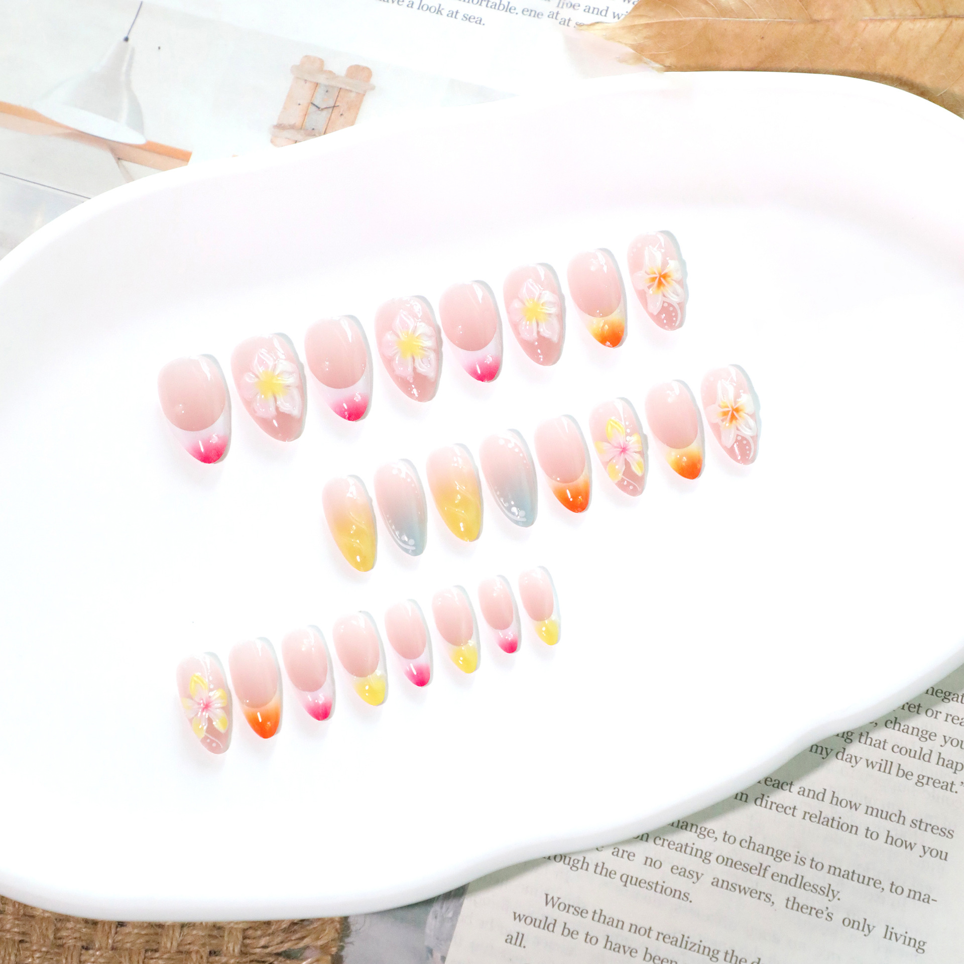 3D French flower whitening wearable nail short almond nail nail plate wearable high-end false nail wholesale Application Scenario