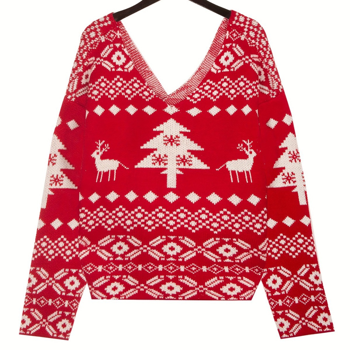 V-neck double-sided irregular smock sweater, backless and off-the-shoulder, Christmas snowflake pattern long-sleeved women's wool top Specification image