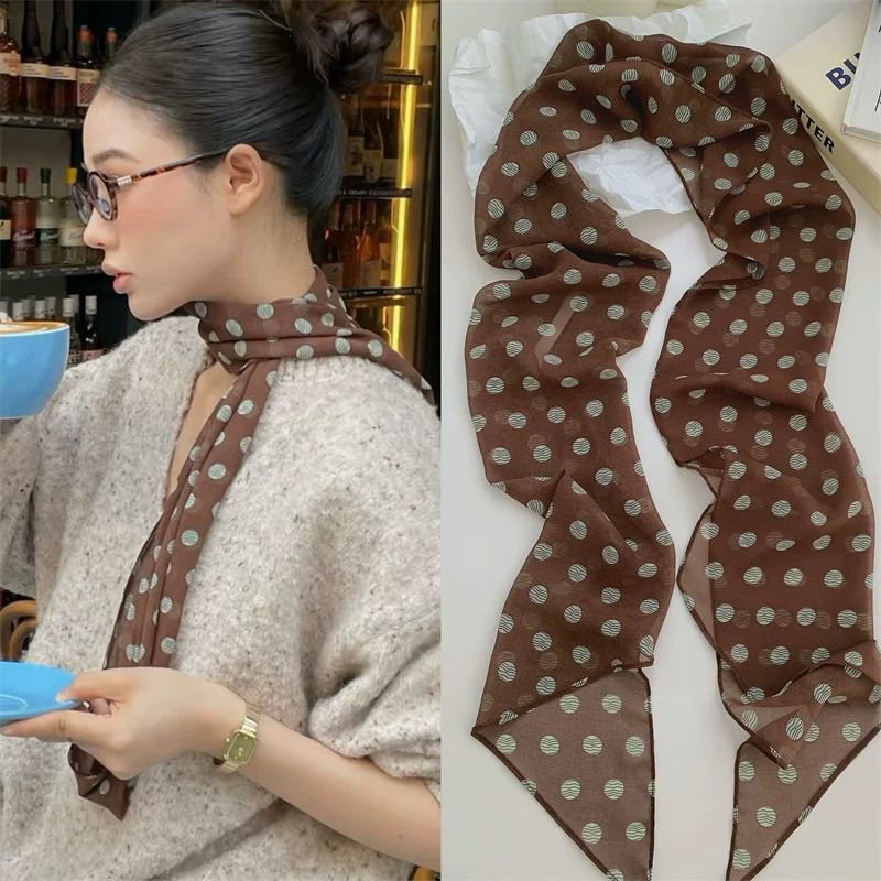 Brown polka dot silk scarf print, a high-end and versatile accessory for women, a 2025 new style hair band long scarf for tying hair