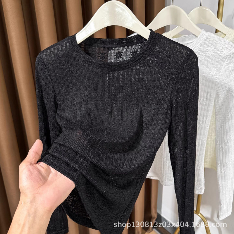 Round-neck lace base layer top for women, 2025 new style, paired with a chiffon inside, stylish thin blouse, high-end mesh top for women Specification image