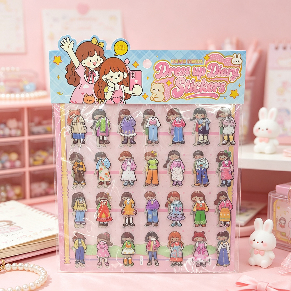Children's dress-up stickers, fashionable outfits, DIY stickers, cartoon characters changing clothes, handcrafted decorations, double-layer bubble stickers details Picture