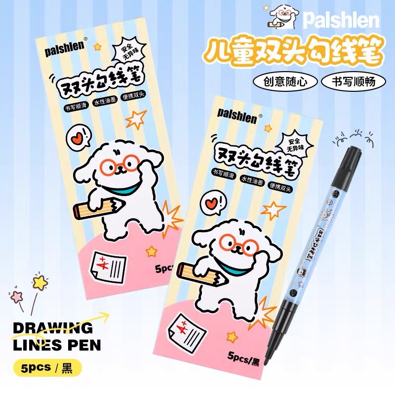 قلم تحديد فني برأسين من Moke للأطفال لرسم الطلاب، قلم تحديد سميك ورقيق مقاوم للماء يعتمد على الزيت الأسود للأولاد والبنات