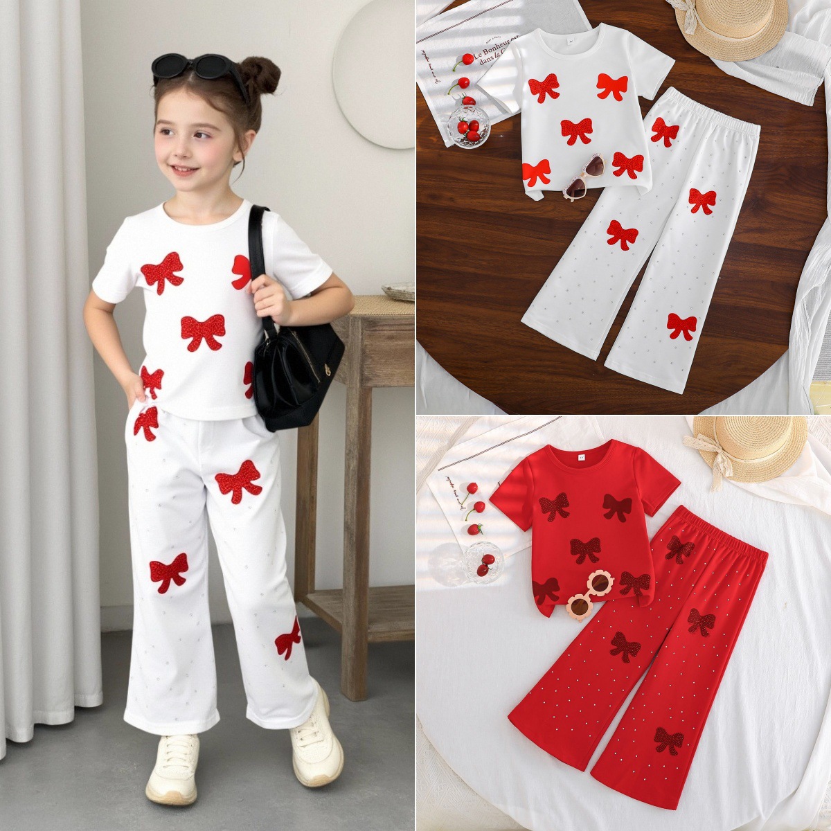 Cross-border exclusive summer short-sleeved heart-shaped printed shiny brick and stone T-shirt + pants for girls Korean-style set