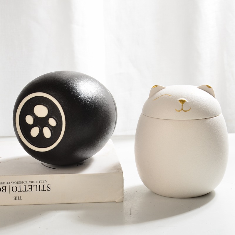 可爱猫形储物罐黑色球形带爪印装饰存钱罐儿童卡通储蓄机小猪树脂摆件