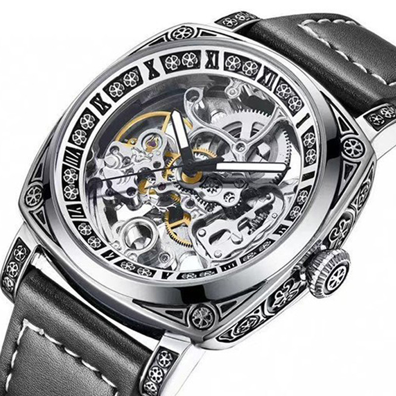 Foreign trade manufacturer's men's mechanical skeleton, trendy men's fully automatic mechanical watch, luminous, niche carved wristwatch