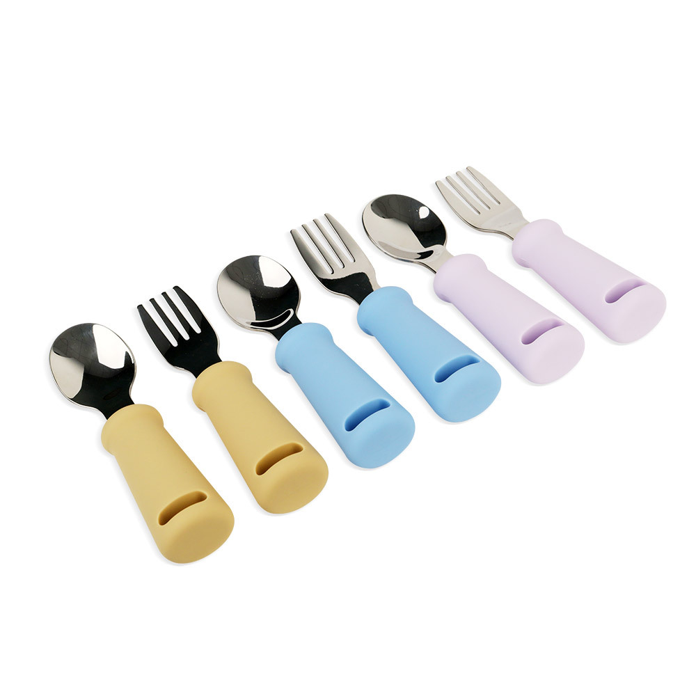 Short-handled stainless steel spoon, children's silicone spoon, creative and simple with holes for hanging hooks, fork, baby training to learn to eat Item Picture