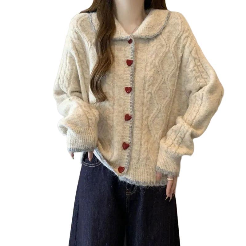 A gentle heart-shaped sweater with a doll-neck button and a twist, a new style of laid-back knitted coat and cardigan Item Picture