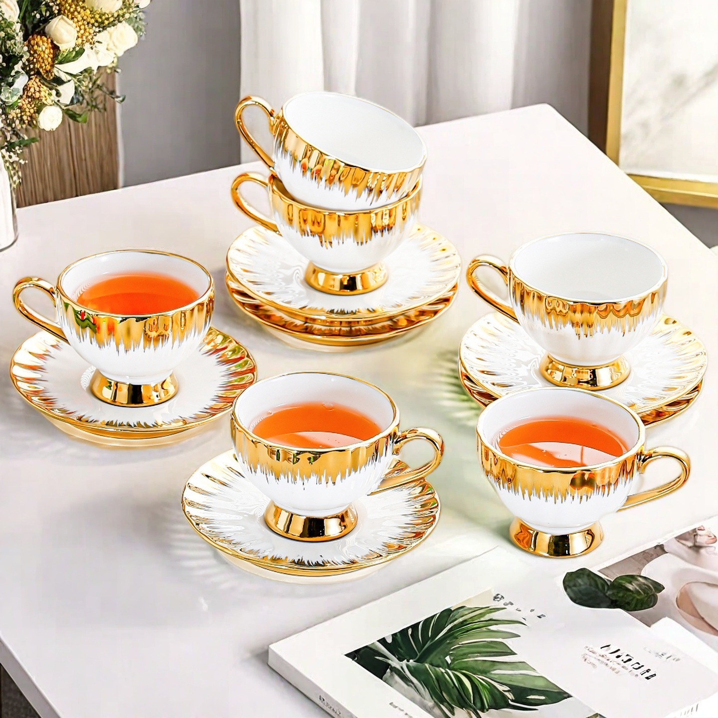 European-style ceramic tea cups, electroplated gold-edge coffee cups and saucers, afternoon tea sets, home hospitality, light luxury and high-end cup and saucer sets