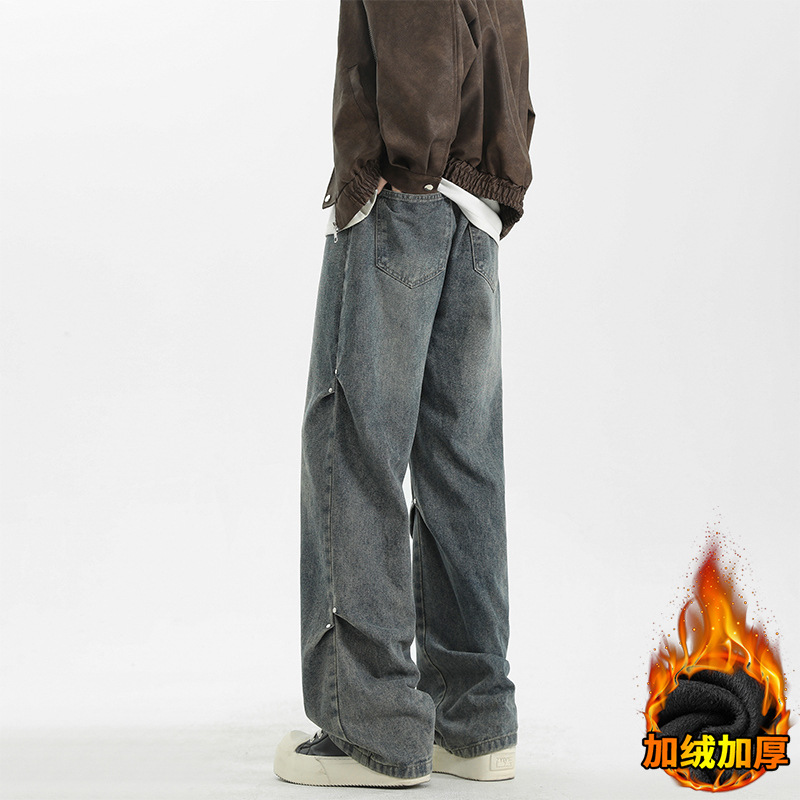 Retro straight-leg jeans, American high street men's winter trendy brand loose wide-leg fleece versatile loose long pants details Picture