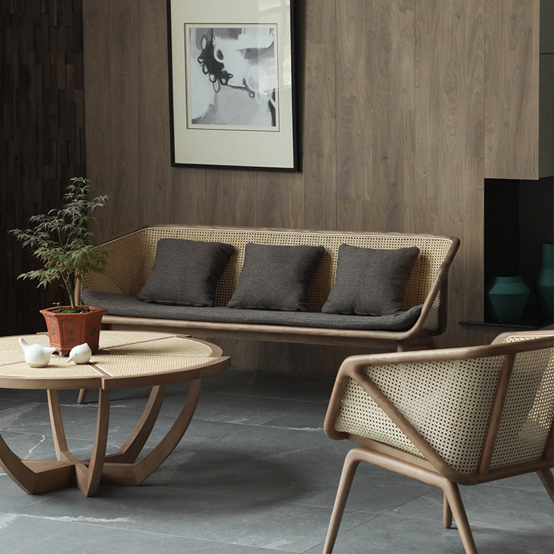 Star Factory wholesals Nordic and Japanese-style rattan sofa sets with a retro living room three-seer sofa and solid wood sofa chairs for hotel lobbies