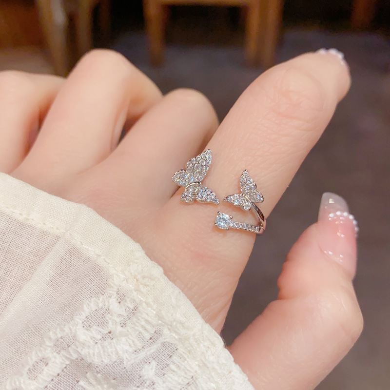 French-style, exquisite, fashionable, versatile, super shiny, full diamond butterfly open-mouth ring, small and simple design sense ring wholesale