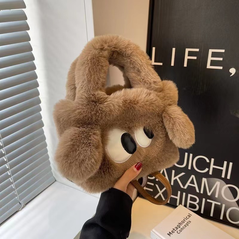 大眼狗2023秋季新款可爱卡通手提小方包单肩斜挎毛绒包产品图