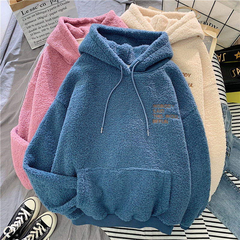 Cross-border real shot 300g lambskin thickened hoodie for women, American loose lambskin pile-up hoodie for women sent on behalf details Picture