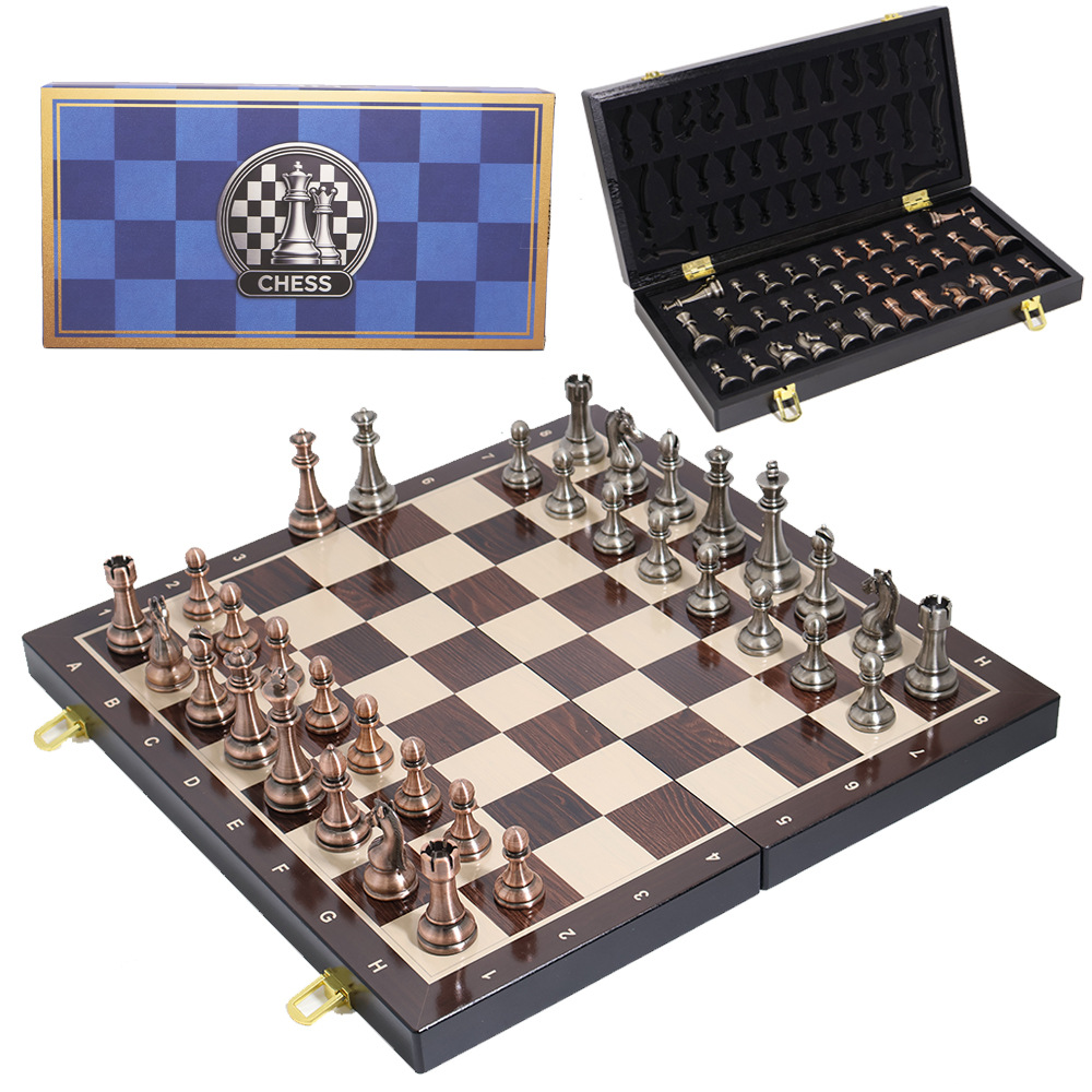 Metal chess set, folding chessboard, adult and children, bronze-colored chess pieces, educational and portable chess manufacturer Item Picture