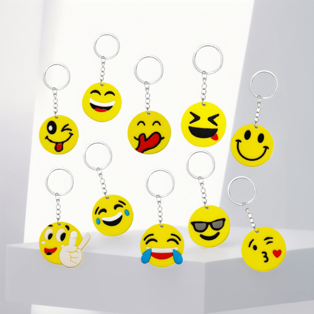 The Q-cute emoji series, including smiling PVC keychain bags and pendants, are so adorable for children