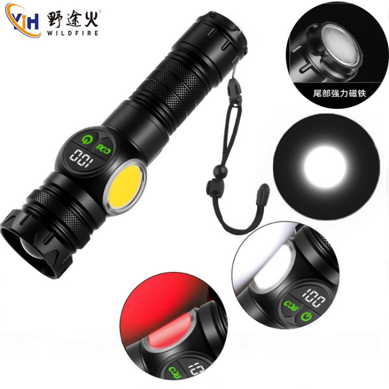 Cross-Border White Laser High-Intensity Flashlight Type-C Charging Screen Display Strong Magnetic Cob Side Light Dual-Switch Led Flashlight details Picture