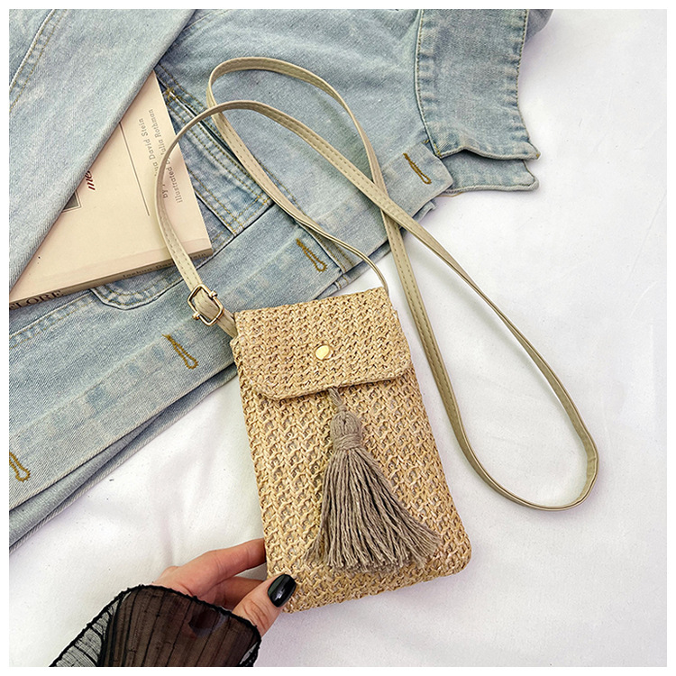 Cross-Border Straw Woven Bag, Straw Woven Bag For Women, Mini Niche Mobile Phone Bucket Bag, Beach Vacation, Beach Woven Crossbody Small Bag, Handmade Straw Woven Bag details Picture