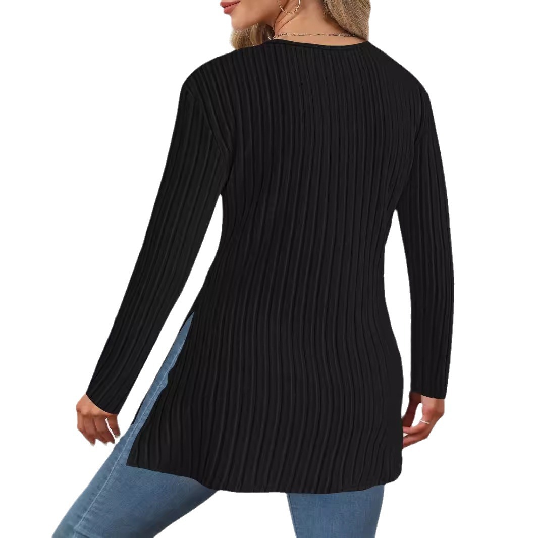 2024 Cross-border women's clothing Amazon Autumn/Winter New long-sleeved solid color V-neck casual home striped top Item Picture