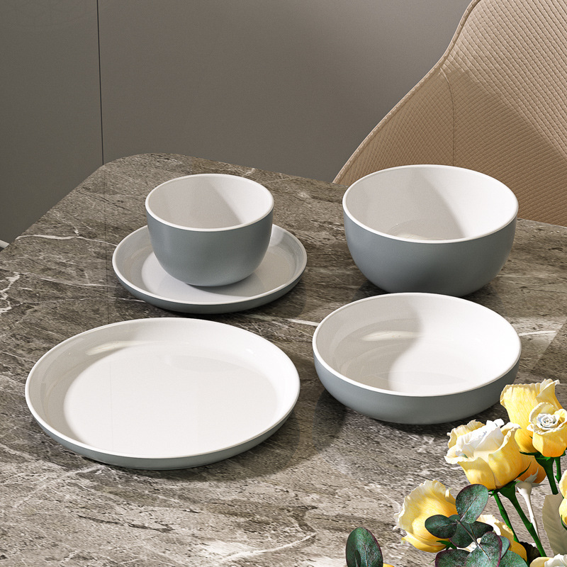 Customized two-color melamine tableware set, dinner plates, saucers, small plates, rice bowls, noodle bowls, soup bowls, fast food details Picture