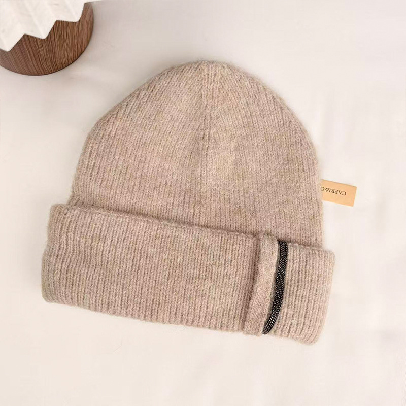 秋冬新款女帽B C重工珠链穿洞帽骑行三折冷帽 加厚纯山羊绒针织帽