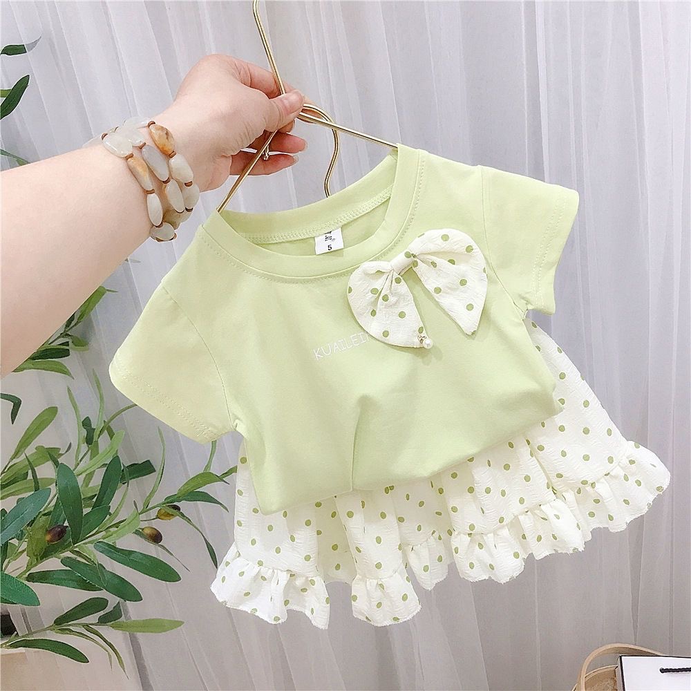 Summer girls' and children's short-sleeved T-shirt top + polka dot mini skirt two-piece children's stylish T-shirt set