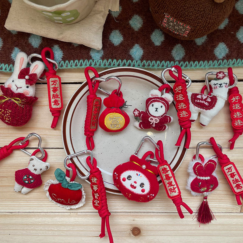 New Korean-style red cute plush keychain children's cotton stuffed cartoon bear and rabbit cute accessory pendant Specification image
