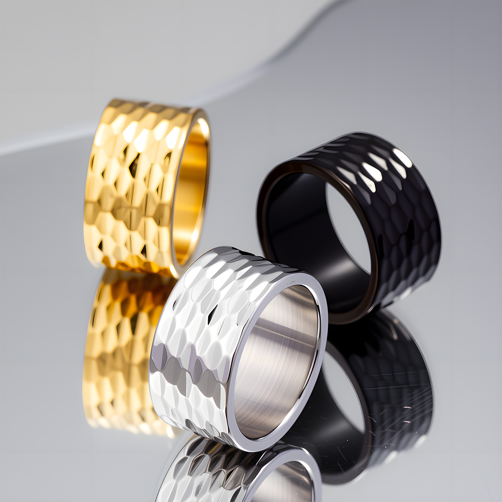 2024 Cross-border new product jewelry: European and American men's accessories 12mm wide hammered pattern large ring men's finger ring titanium steel ring details Picture