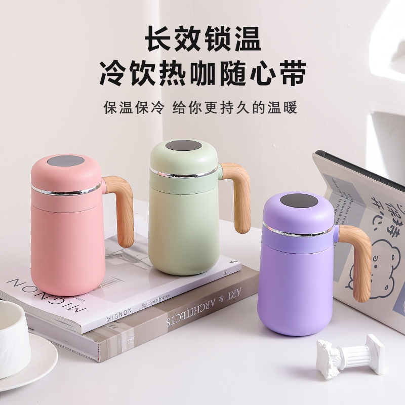 316 stainless steel insulated cup, simple high school girls' appearance level coffee cup, simple wood grain handle office cup, student water cup details Picture