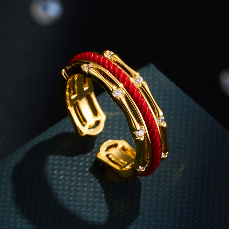 Light luxury Chinese-style red string bamboo joint open ring, copper alloy real gold electroplated with zircon, adjustable index finger ring